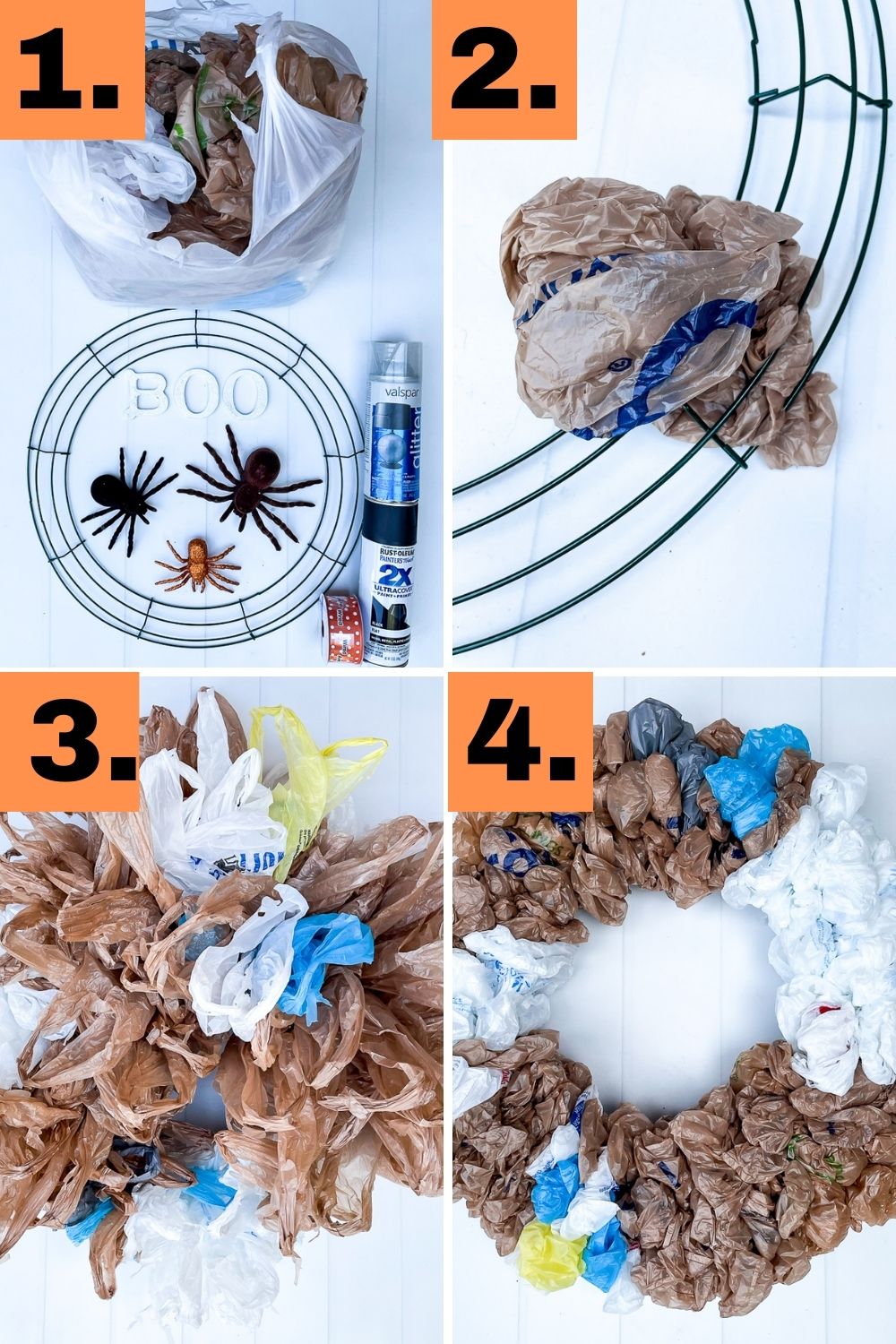 Step-by-step tutorial to make an upcycled plastic bag halloween wreath