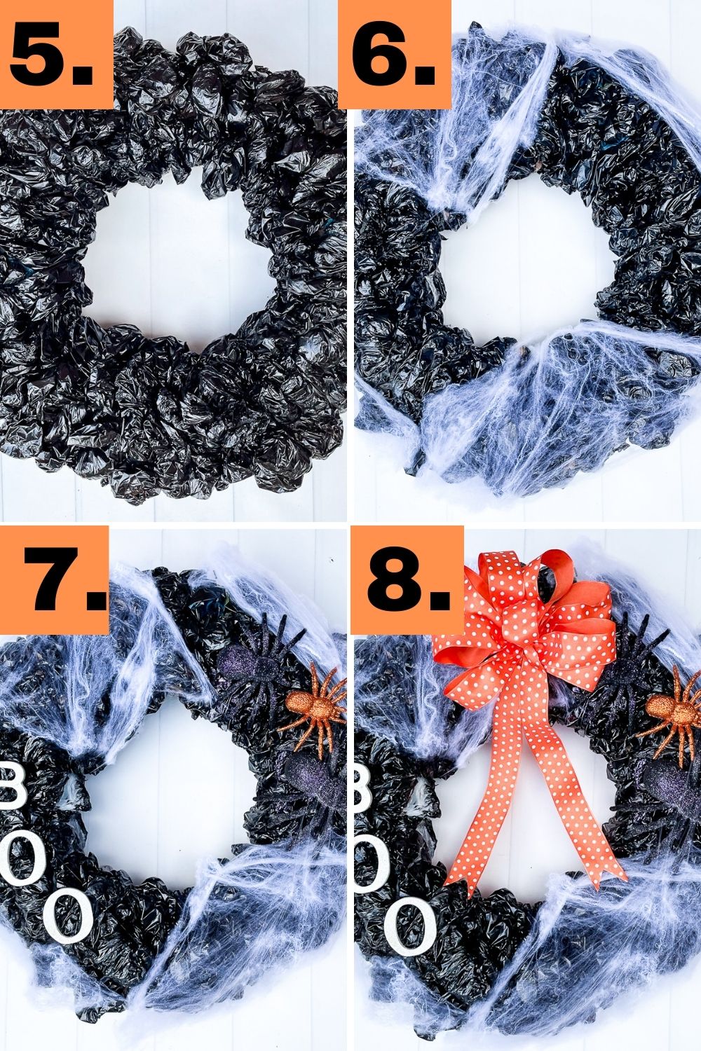 Step-by-step tutorial to make an upcycled plastic bag halloween wreath