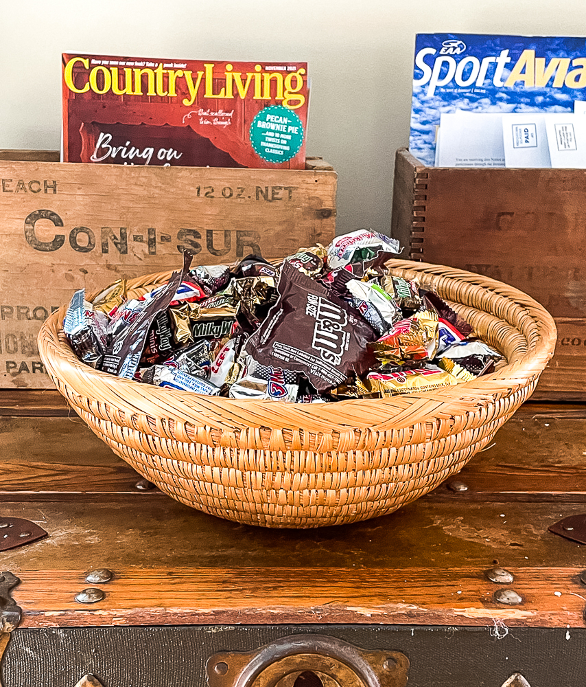 Halloween candy in a vintage woven bowl