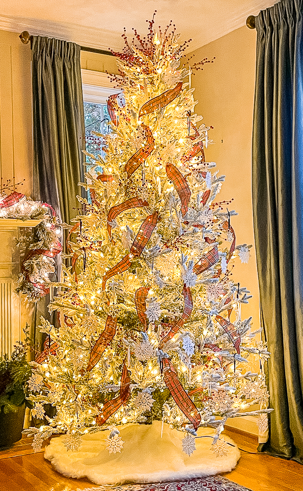 Traditional Flocked Christmas Tree with Swarovski Snowflake Ornaments