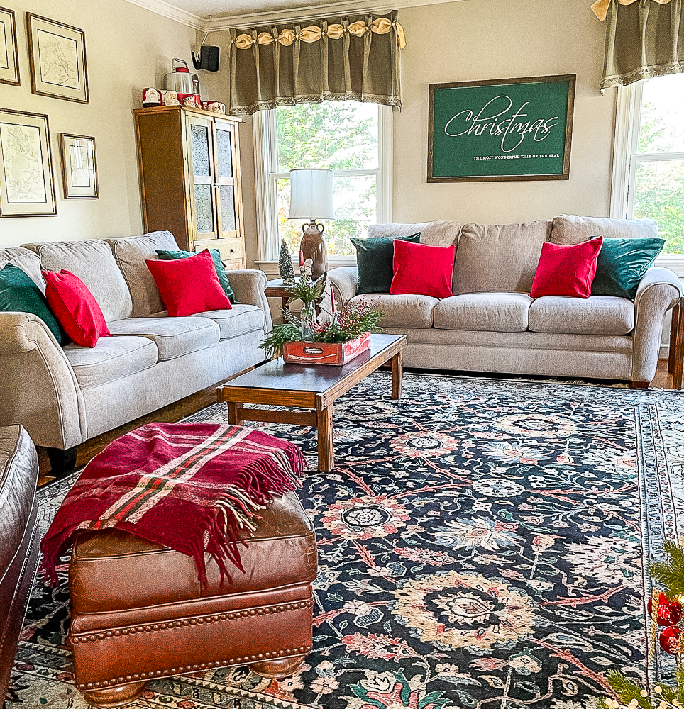 Family room decorated for Christmas with vintage style