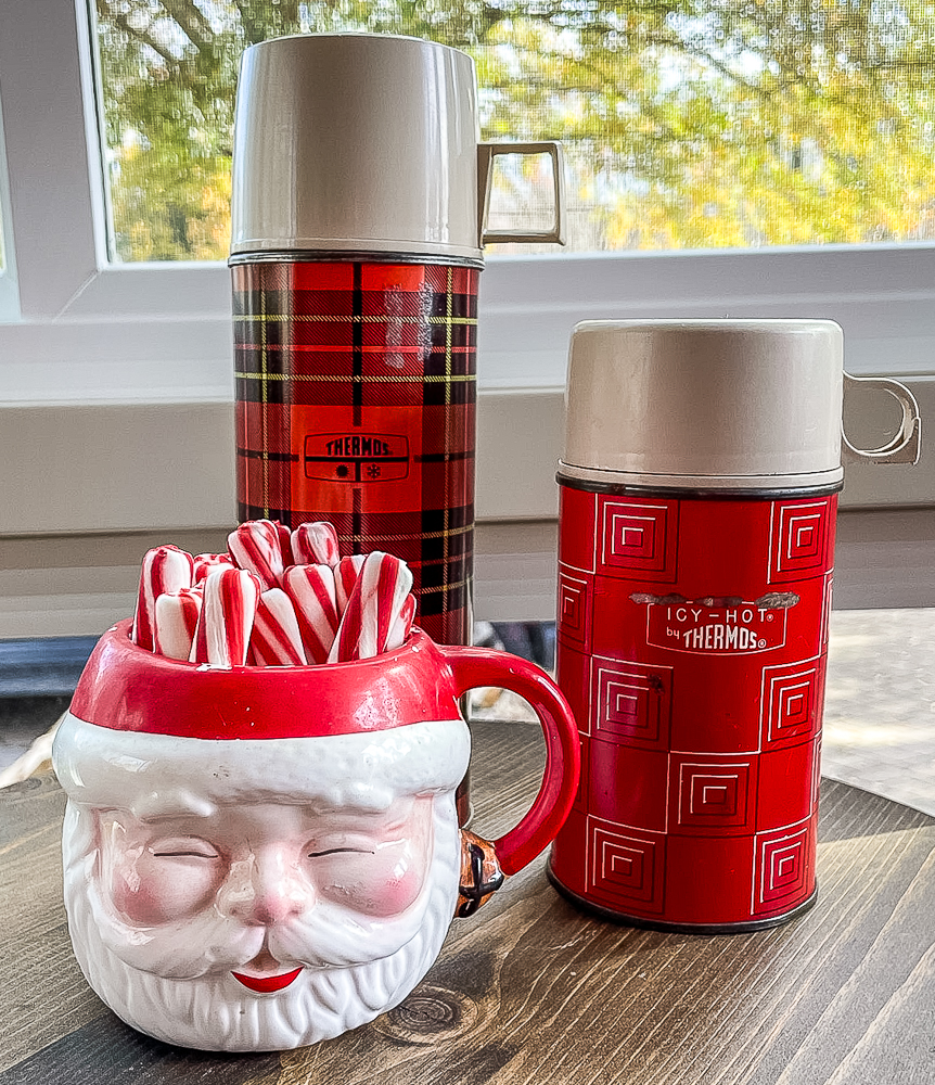 Vintage Santa mug with two vintage thermoses