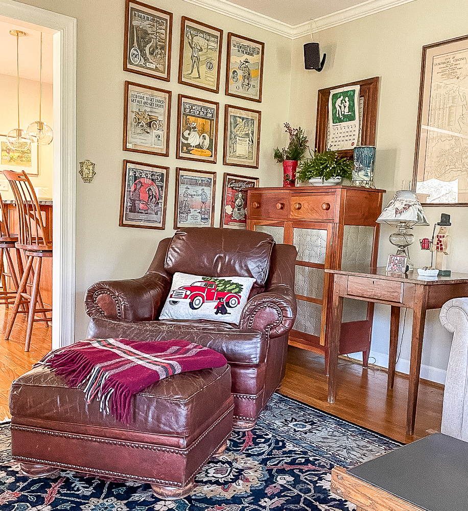 Family room decorated for Christmas with vintage style