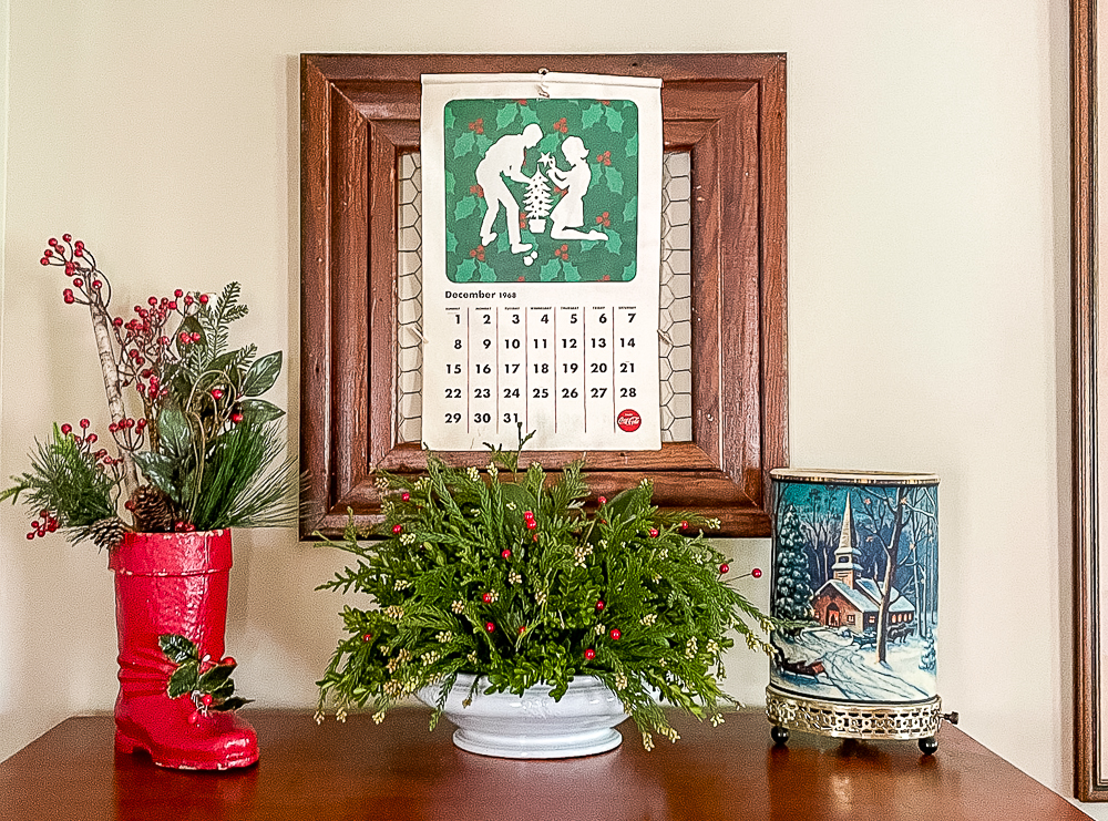 1968 Coca Cola calendar, large vintage Santa boot, winter econolite, Christmas floral arrangement