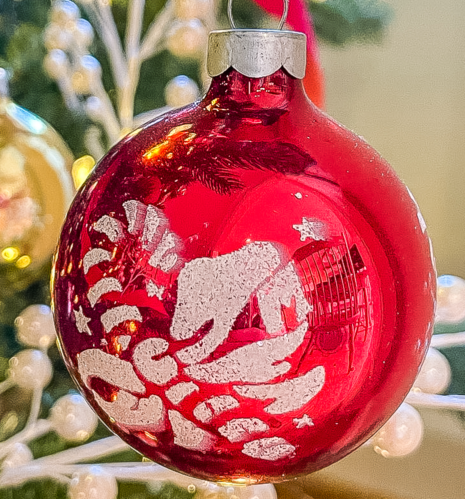 vintage red ball Christmas ornament with a white candy cane