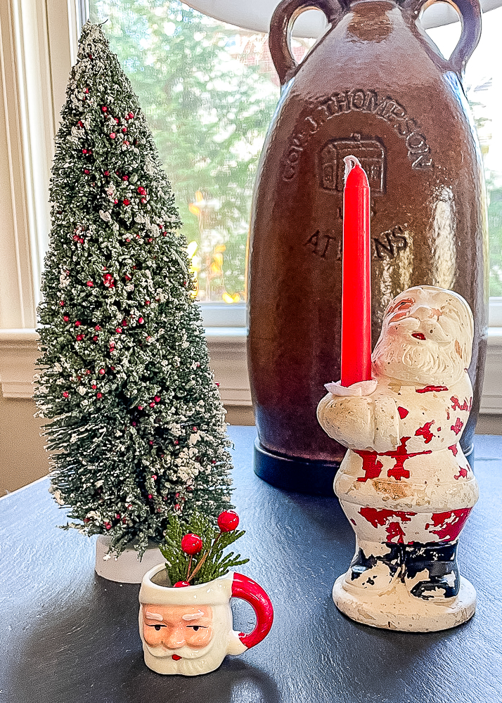 Antique chalkware Santa, mini Santa mug, bottlebrush tree