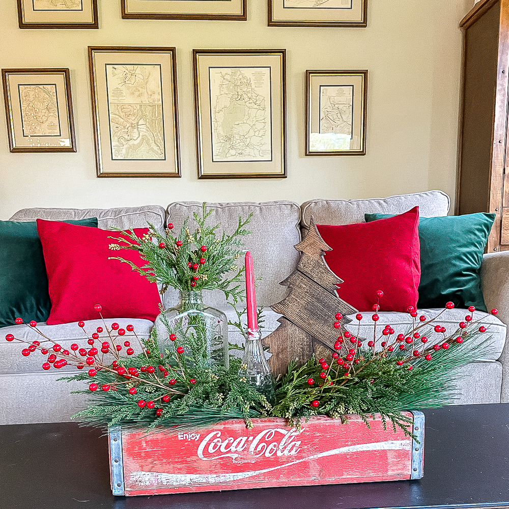 Vintage Coke crate decorated for Christmas