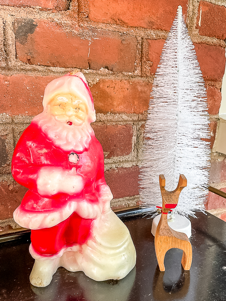 Vintage Santa candle, white bottlebrush tree, hand carved reindeer