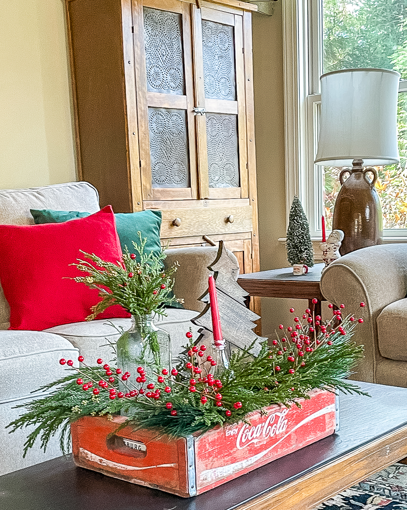 Vintage Coke crate decorated for Christmas