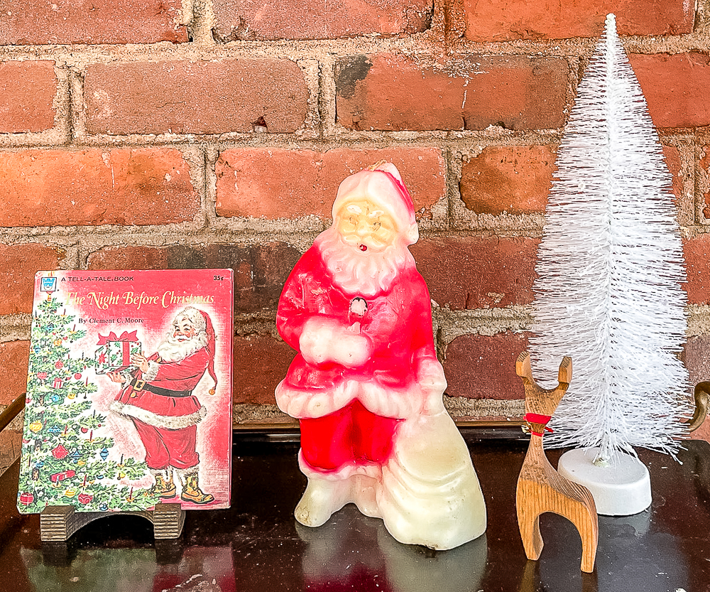 Vintage Santa candle, white bottlebrush tree, hand carved reindeer, 1970s The Night Before Christmas