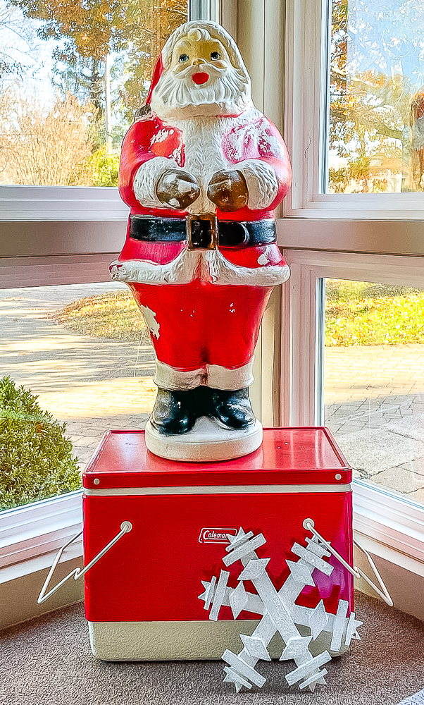 Vintage blowmold Santa, vintage red Coleman cooler, handmade Christmas star