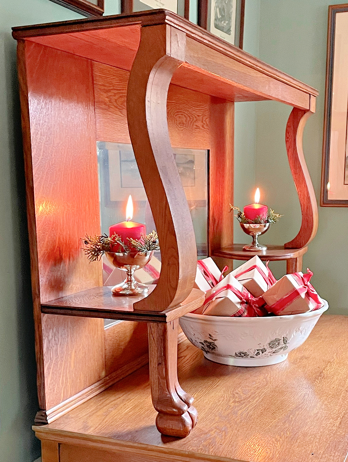 Antique oak buffet decorated for Christmas