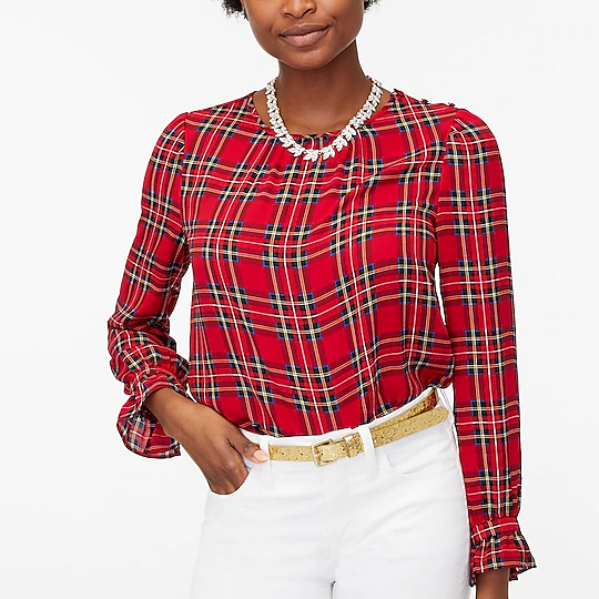 J Crew Tartan button-neck top with ruffles