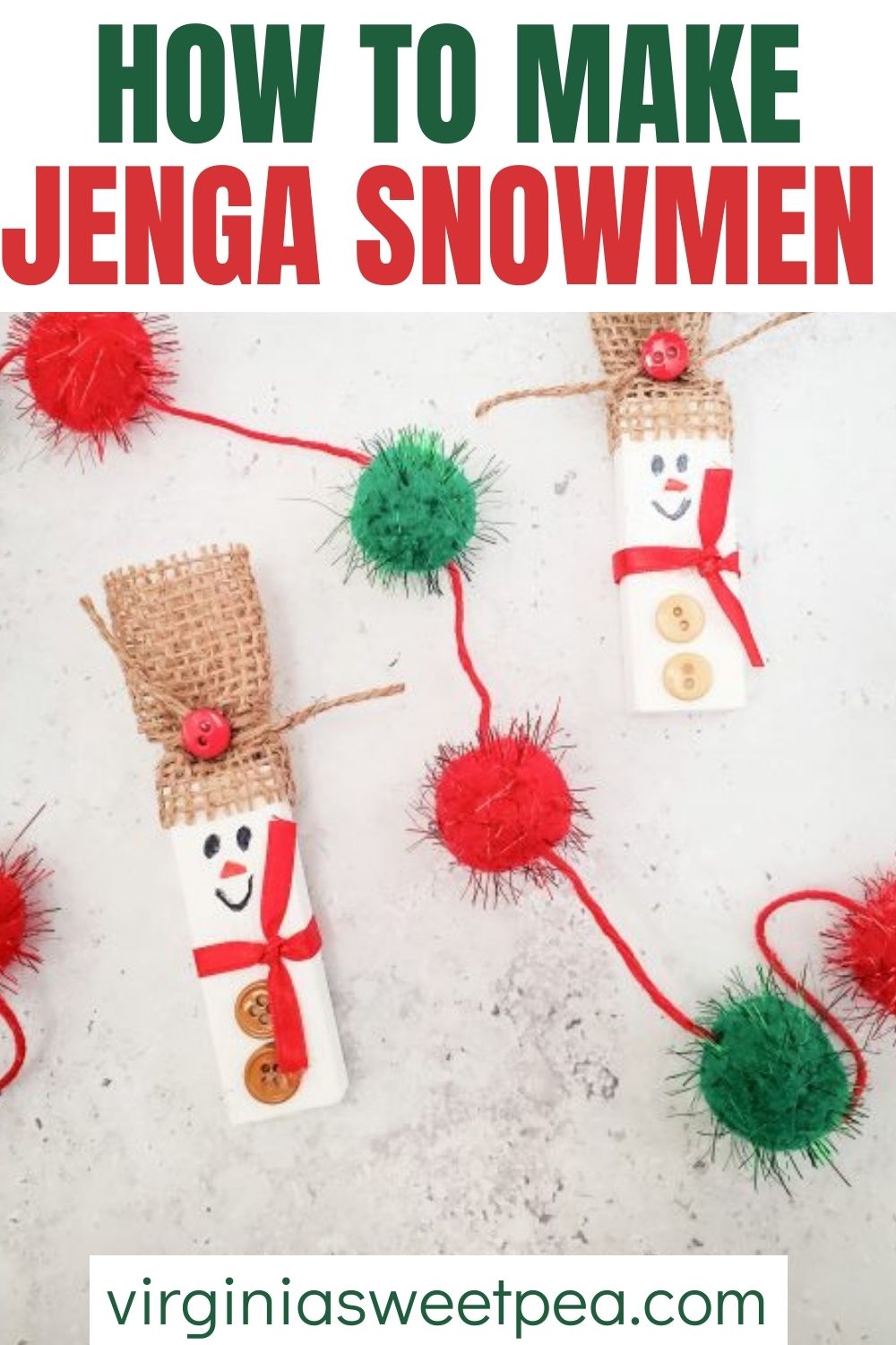 Snowmen made using Jenga game pieces