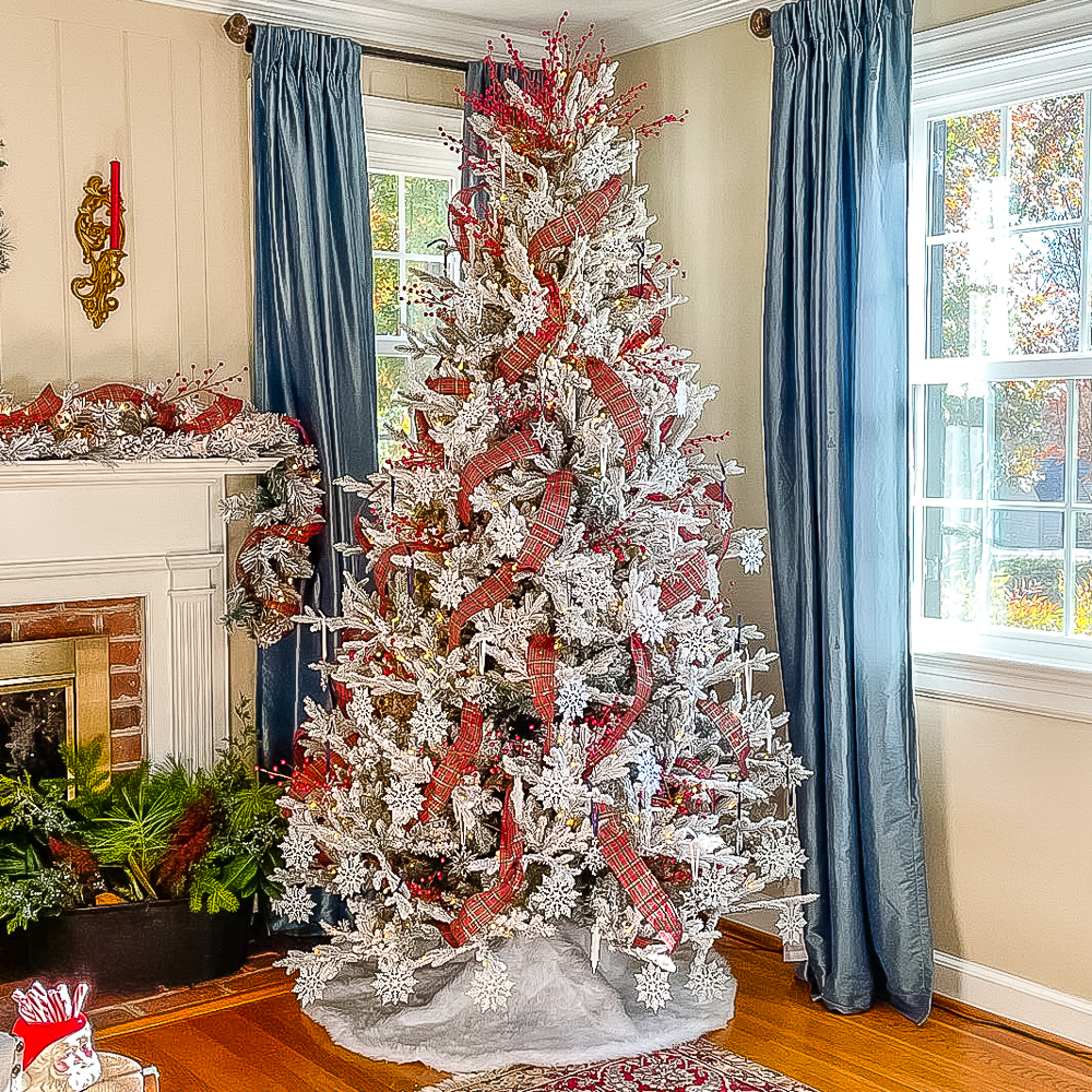Traditional Flocked Christmas Tree with Swarovski Ornaments