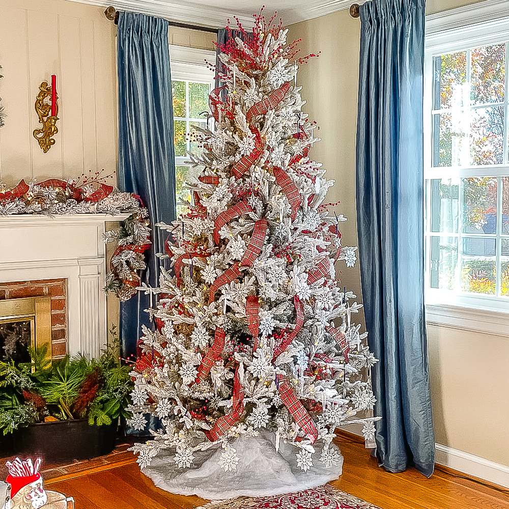 Traditional Flocked Christmas Tree with Swarovski Snowflake Ornaments