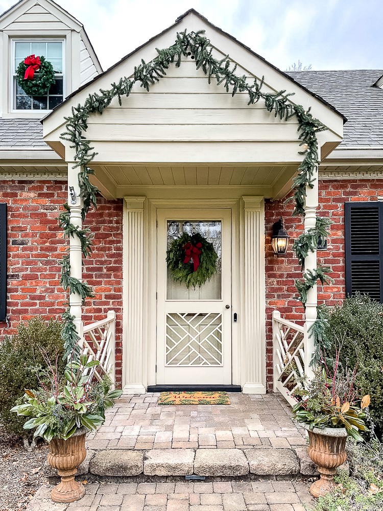 Front porch decorated for Christmas