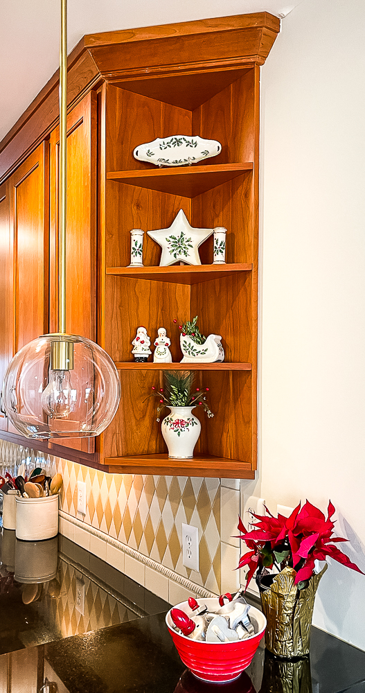 Kitchen shelves decorated for Christmas
