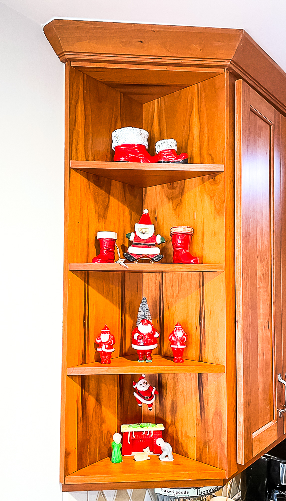 Kitchen shelves decorated for Christmas