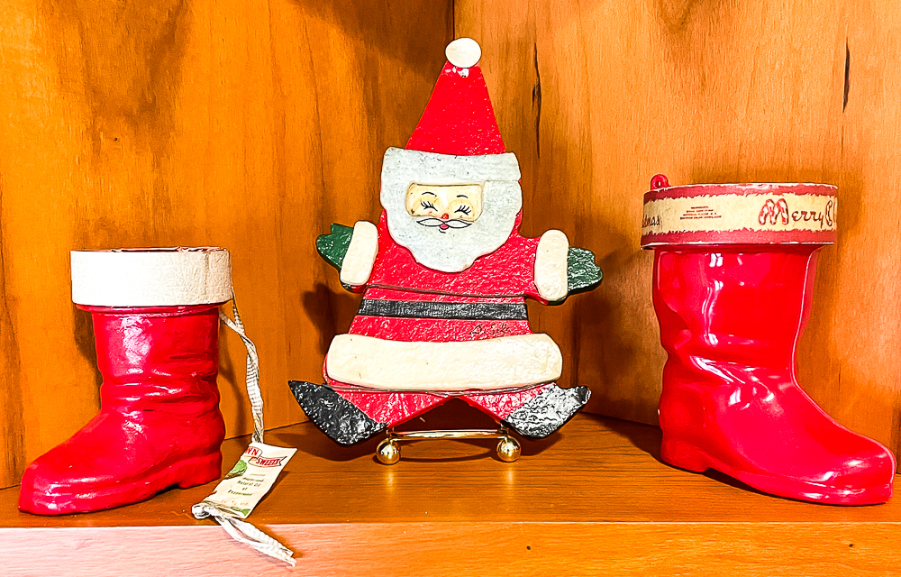 Vintage Santa boots and a 1970 Santa ornament