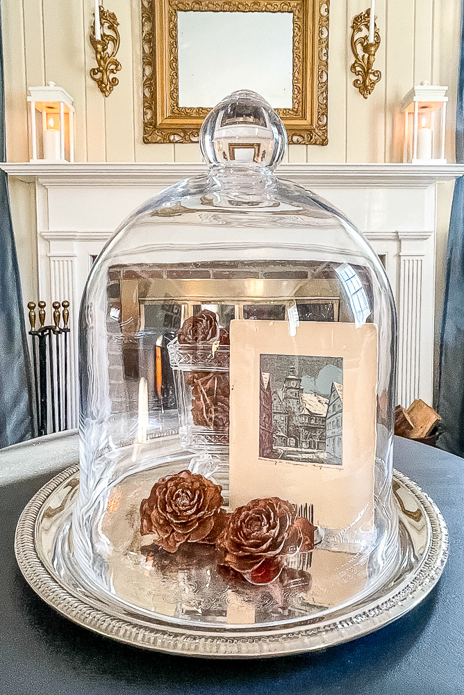 cloche decorated for winter with Deodora pine cones and a vintage German Christmas card