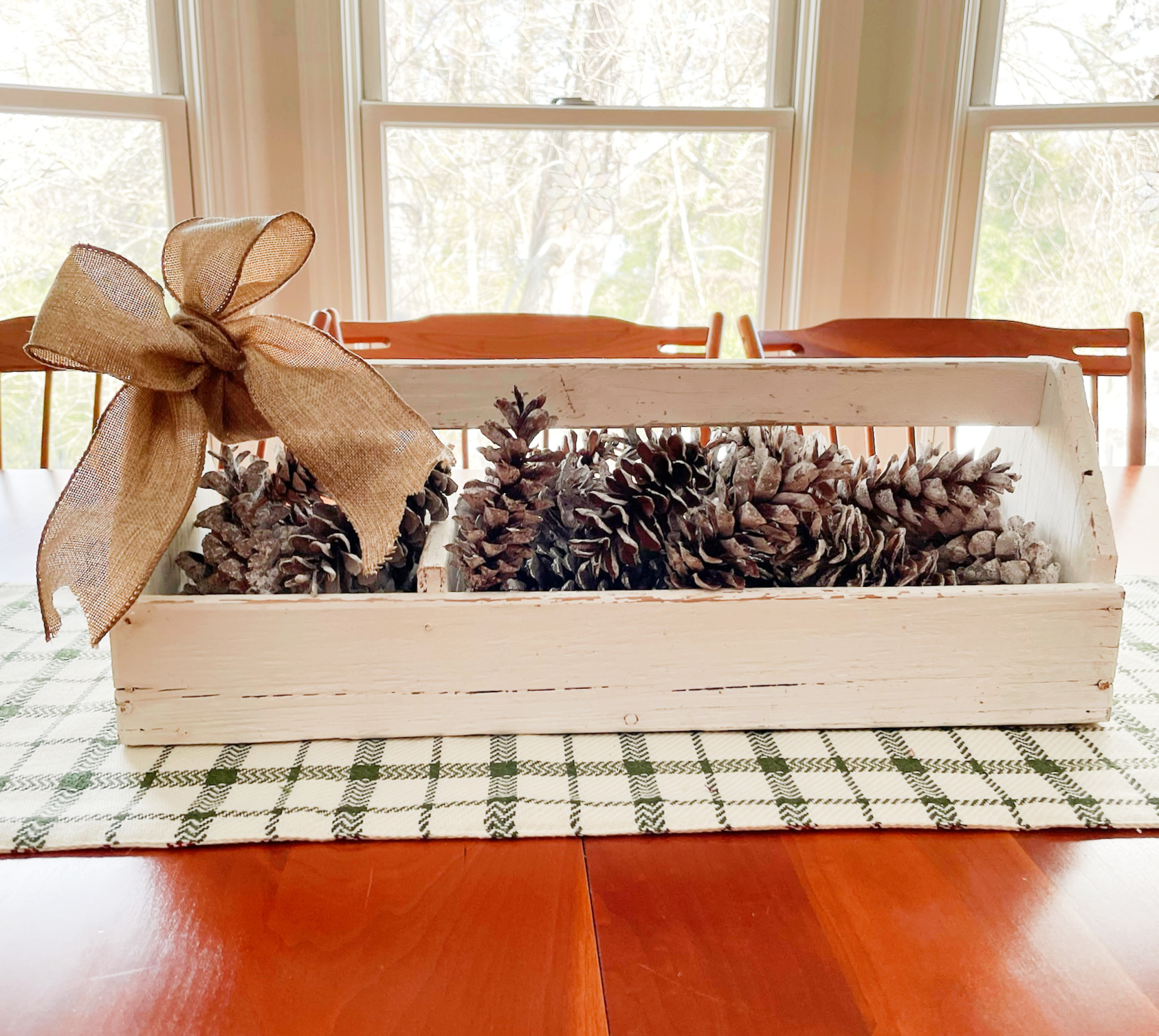 Pinecones in a Wooden Tote Winter Table Centerpiece